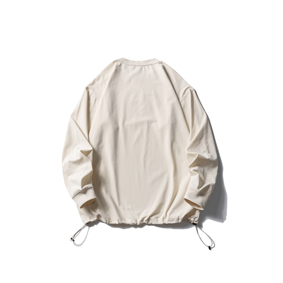 Back view of an off-white long-sleeve crewneck pullover with ribbed cuffs and adjustable drawcords at the hem.