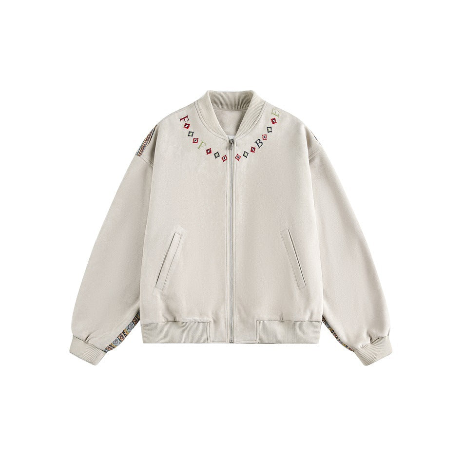 Beige-gray zip bomber jacket flat lay with ribbed collar, front pockets, neckline embroidery and patterned sleeve trim