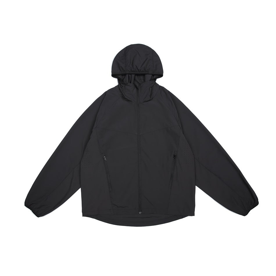 Black hooded zip-up jacket laid flat, front view with zippered side pockets and elastic cuffs