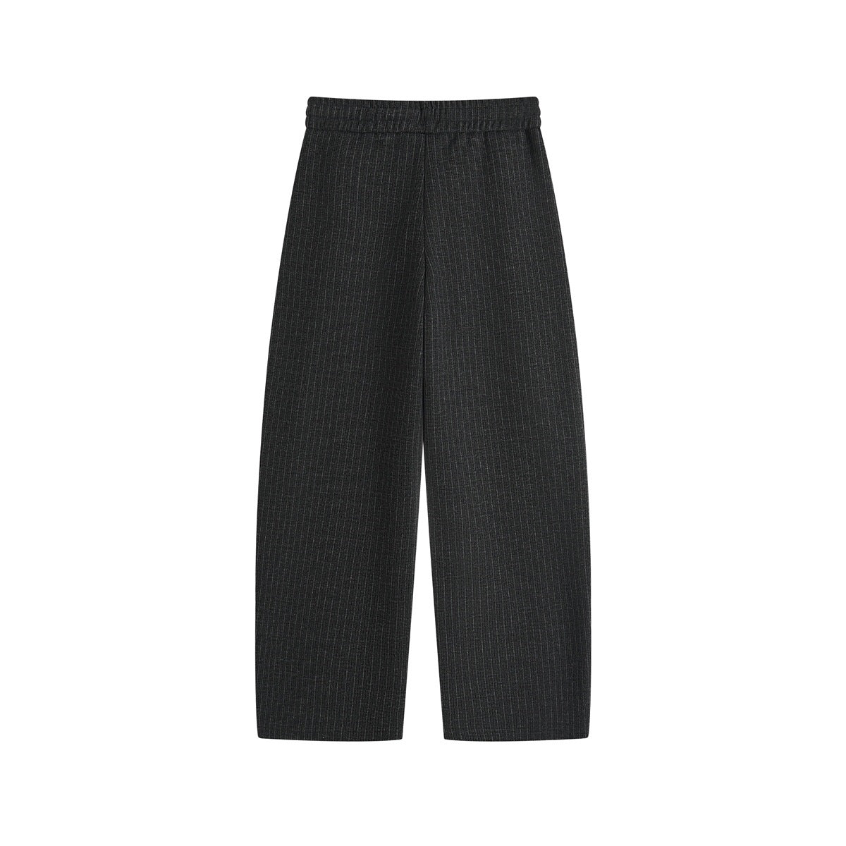Full flat-lay front view of dark pinstripe trousers with a gathered waistband and wide straight legs.