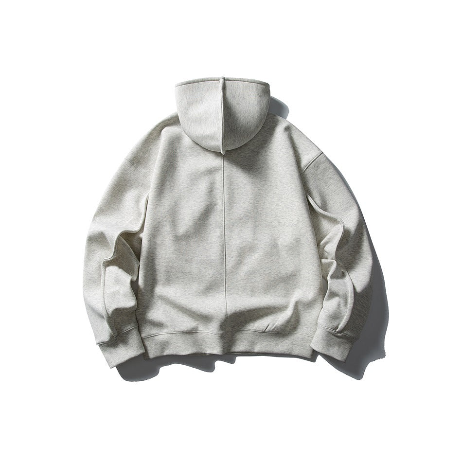 Back view of a light gray heather hooded sweatshirt laid flat, with a center back seam and ribbed cuffs and hem.