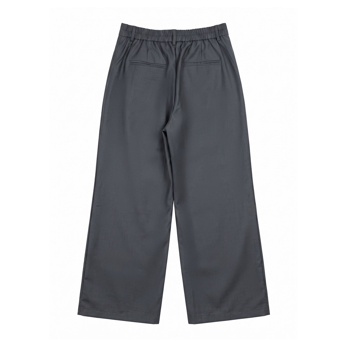 Back view of charcoal-gray wide-leg trousers with an elasticated waist and two welt pockets, laid flat.