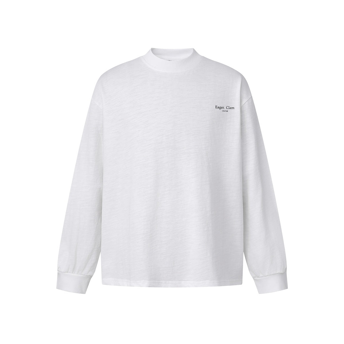 White long-sleeve mock-neck top laid flat, front view with small chest print and ribbed cuffs