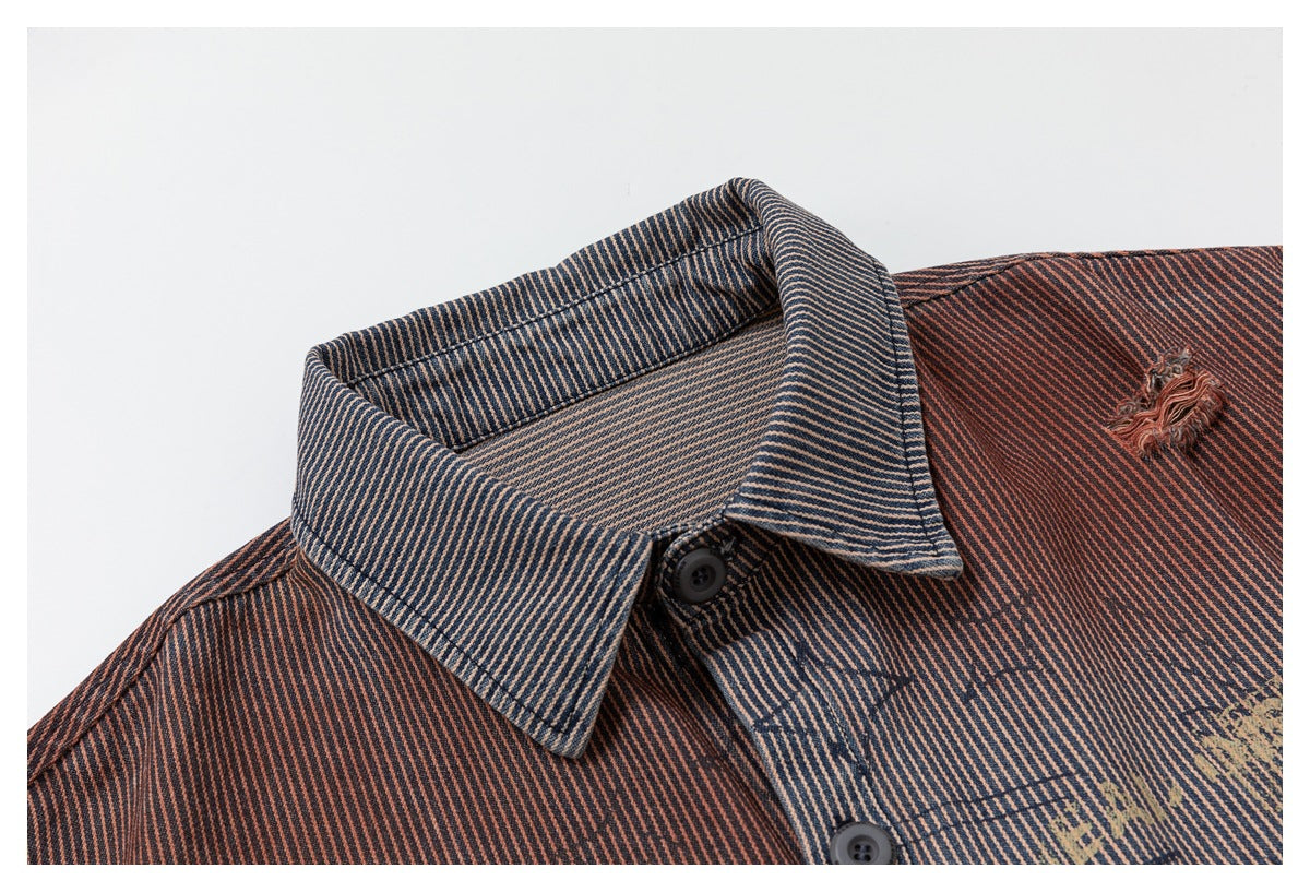 Close-up of a rust-and-dark striped shirt jacket collar, button placket, and distressed shoulder patch.