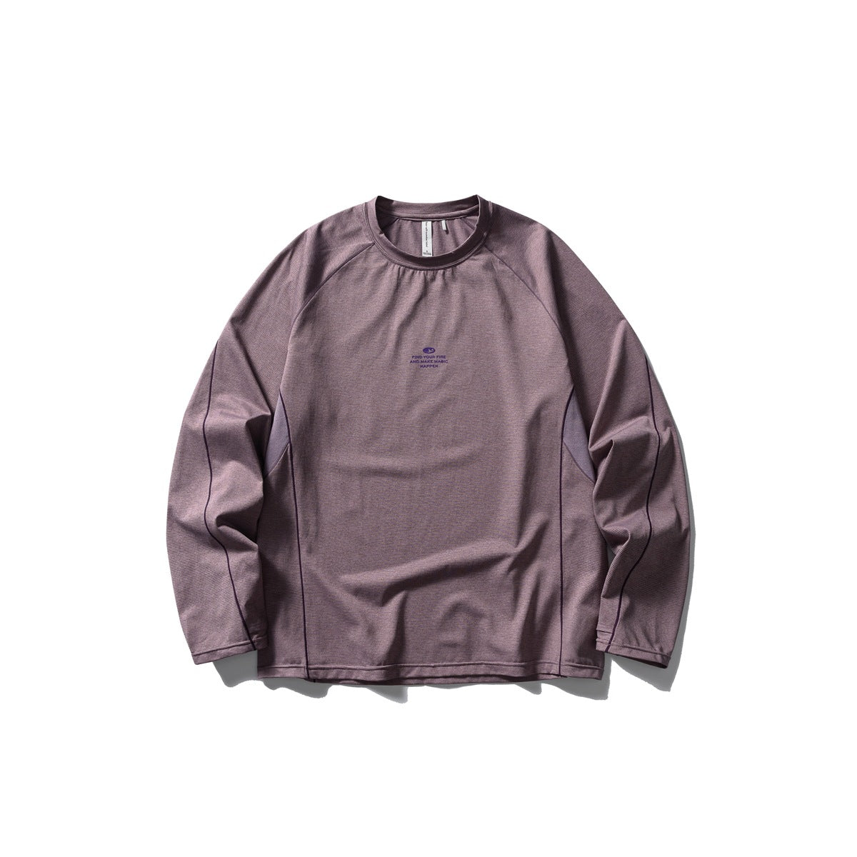 Dusty mauve pink long-sleeve raglan T-shirt flat lay with dark purple piping and chest print