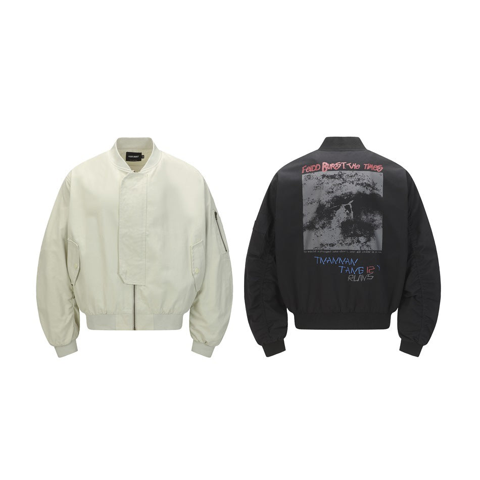 Pale beige jacket shown from the front beside a black jacket shown from the back with a large graphic print.