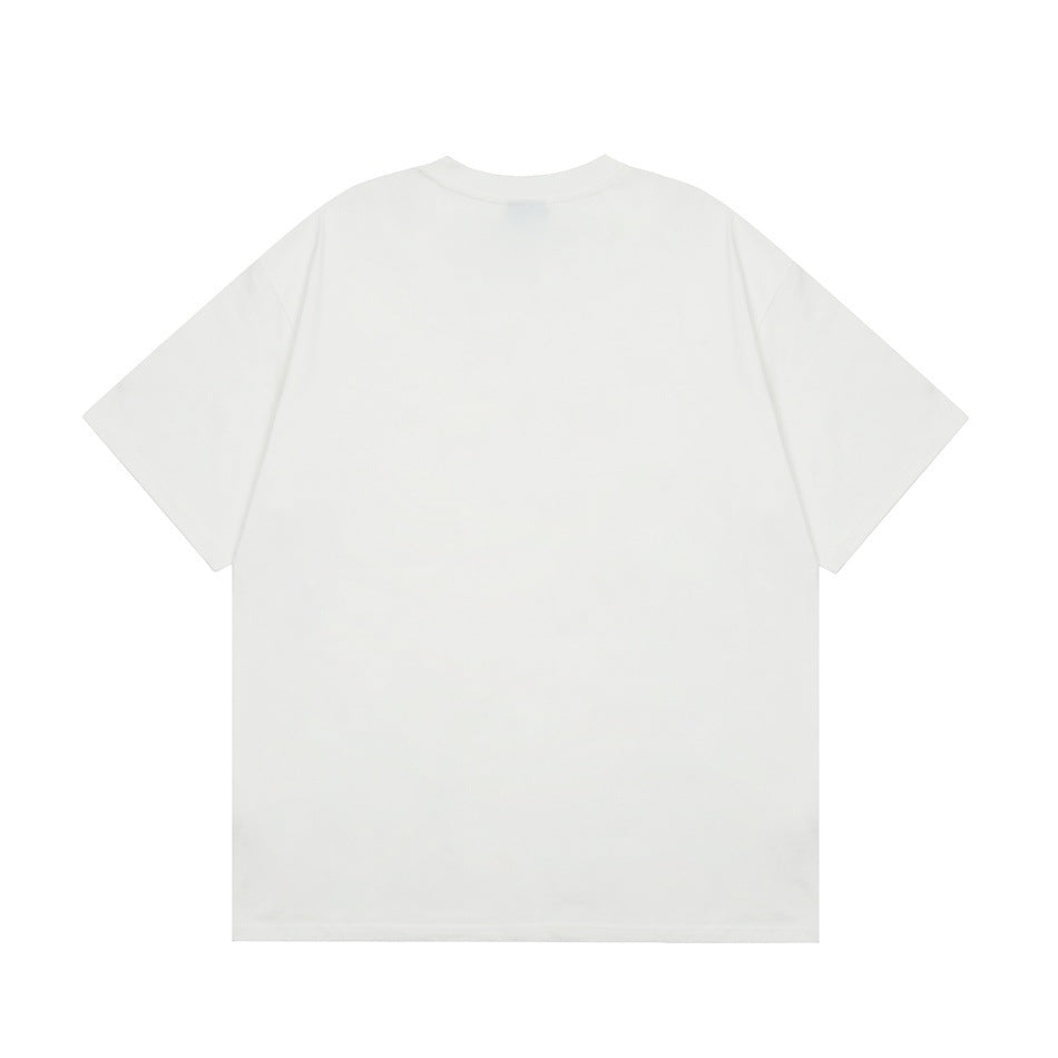 Back view of a plain white short-sleeve crew-neck T-shirt with dropped shoulders