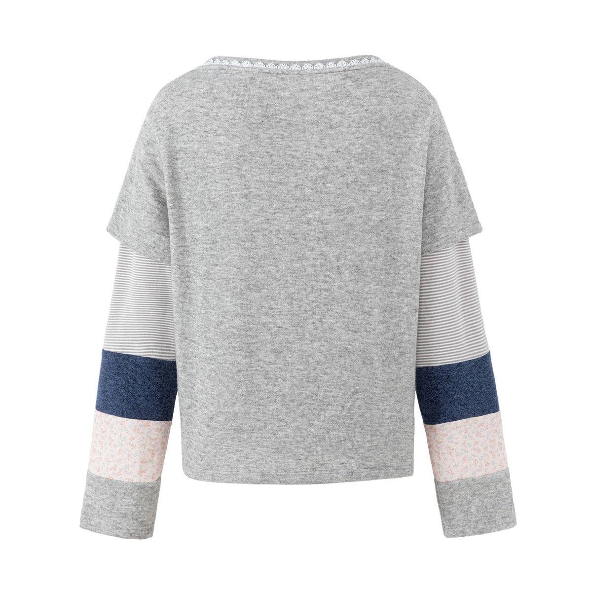Back view of a gray short-sleeve top with lace neckline trim and long sleeves in striped, navy, floral, and gray panels.