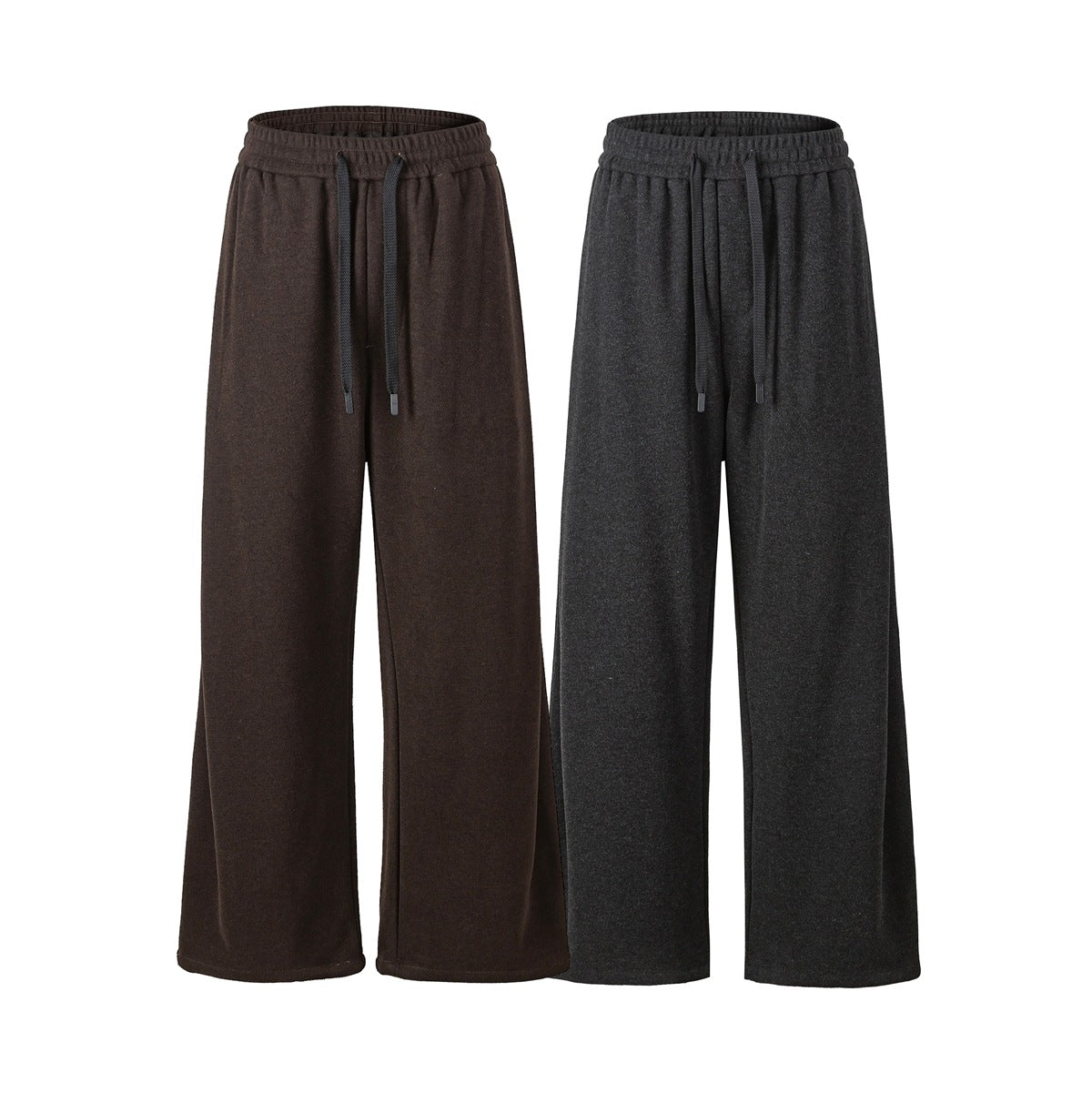 Front view of wide-leg pants in dark brown and charcoal, each with an elastic waist and drawstring.
