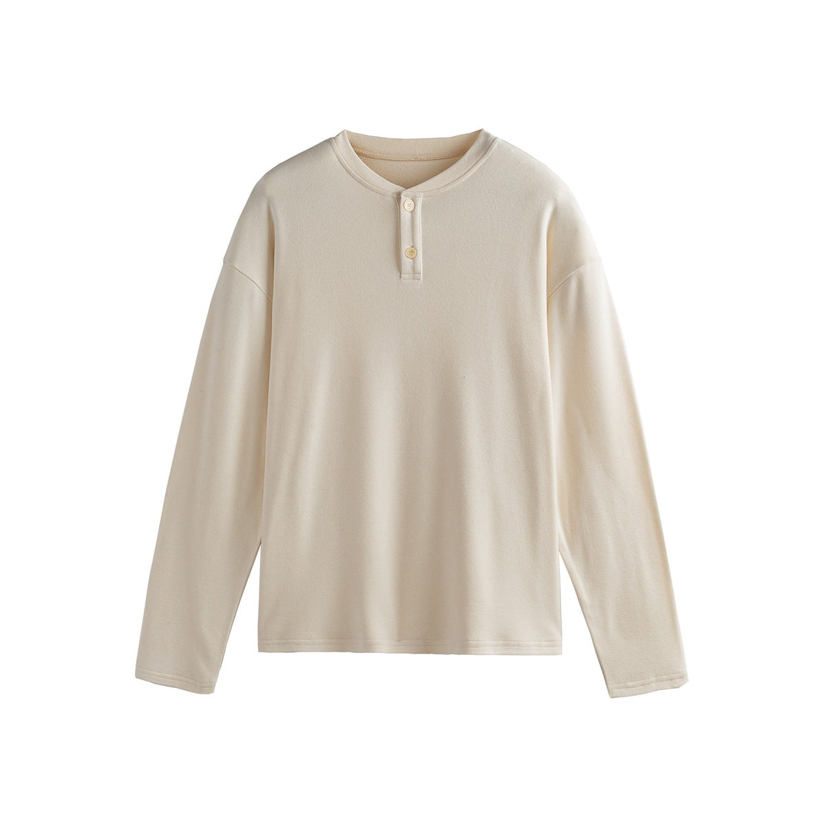 Off-white long-sleeve Henley top with two-button placket, flat lay front view