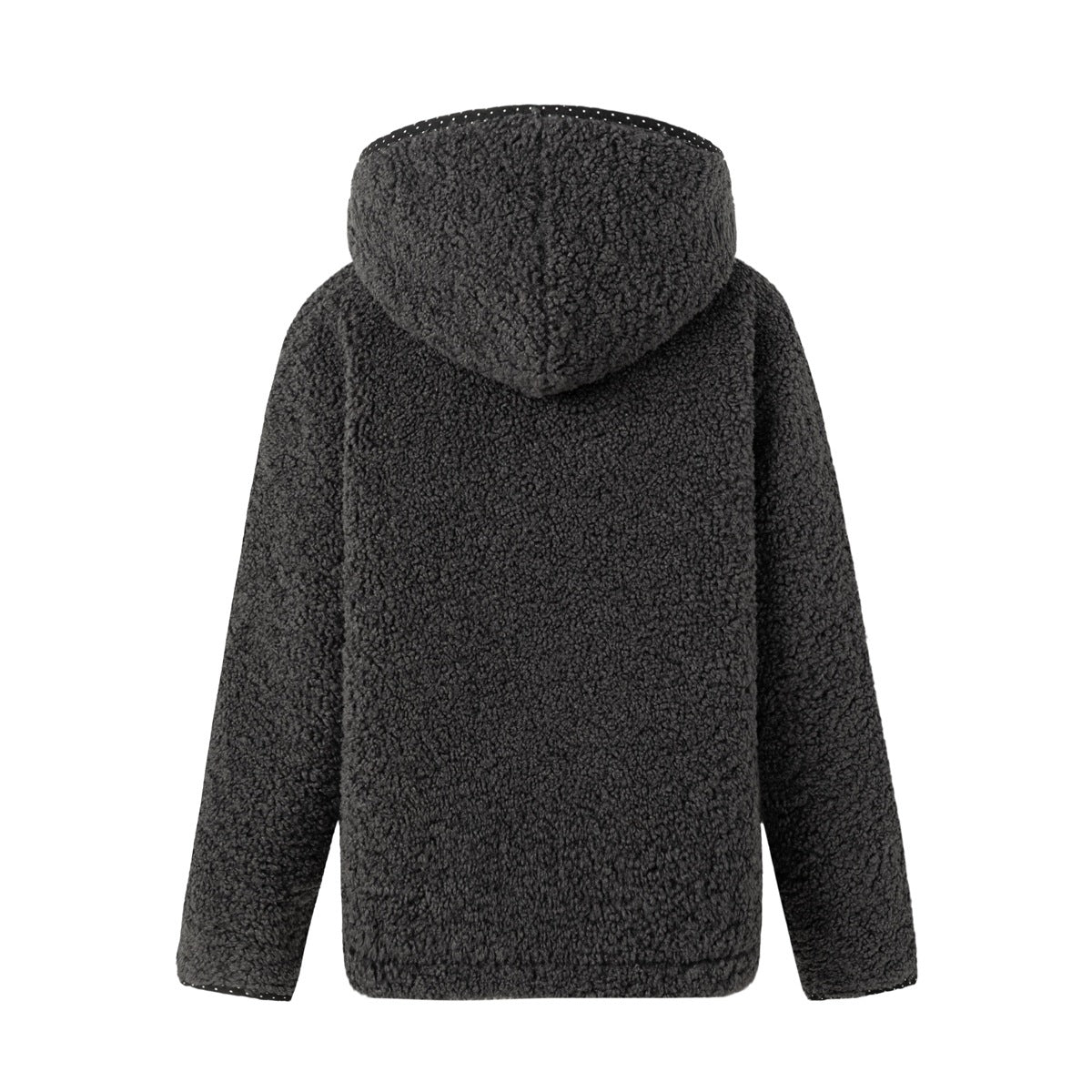 Back view of dark gray hooded jacket in curly fleece-like texture with polka-dot trim at hood edge and cuffs