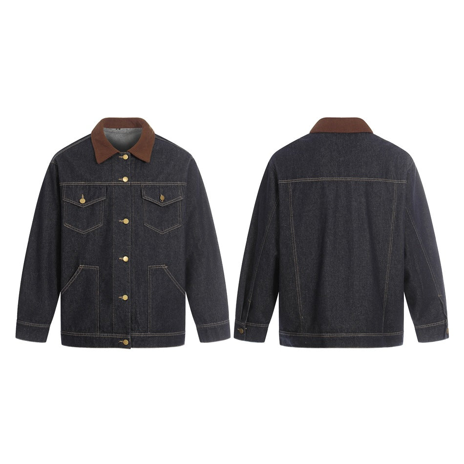 Dark denim jacket shown from the front and back, with a brown collar, contrast stitching, and gold-tone buttons.