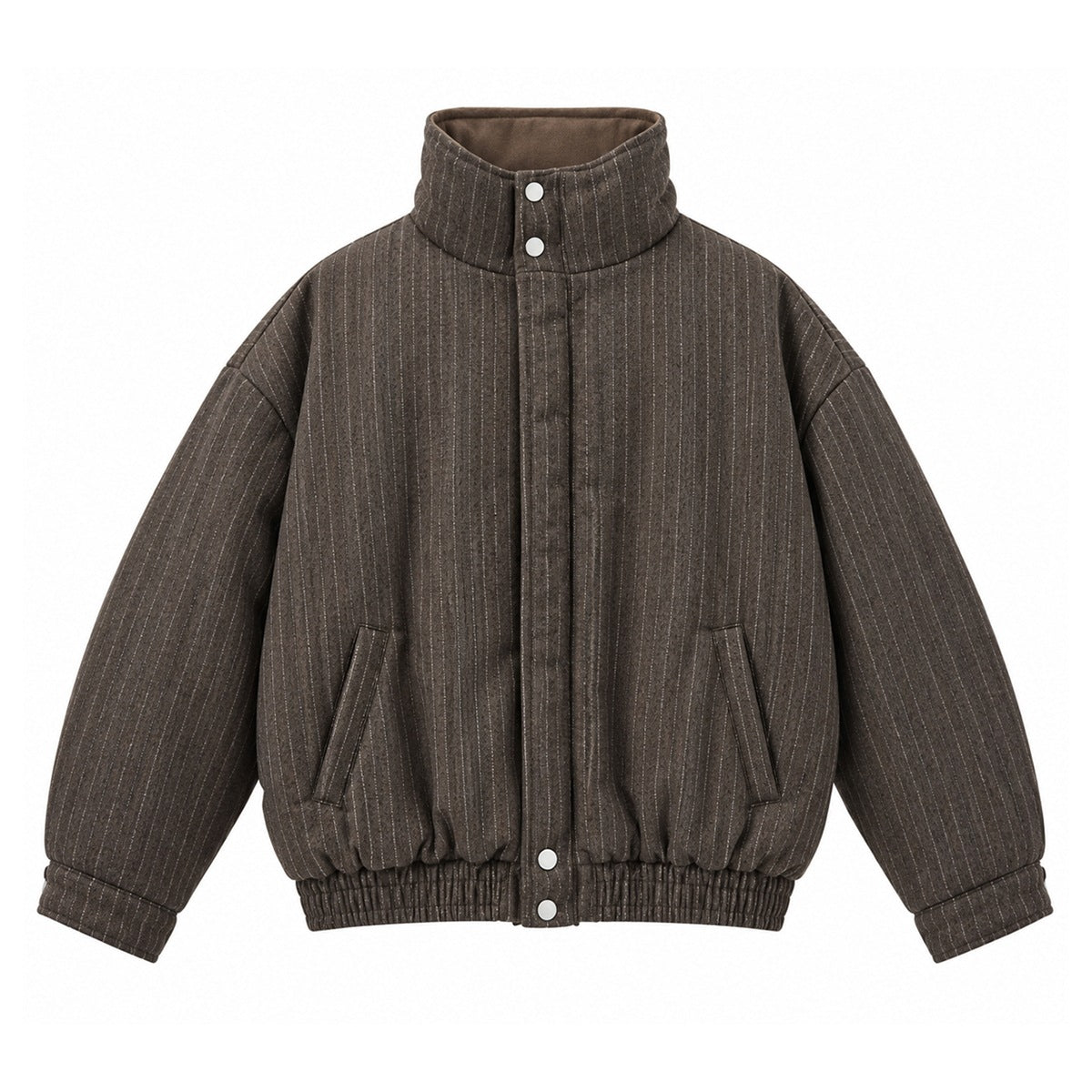Brown pinstriped stand-collar bomber jacket, flat front view with snap placket and elastic hem
