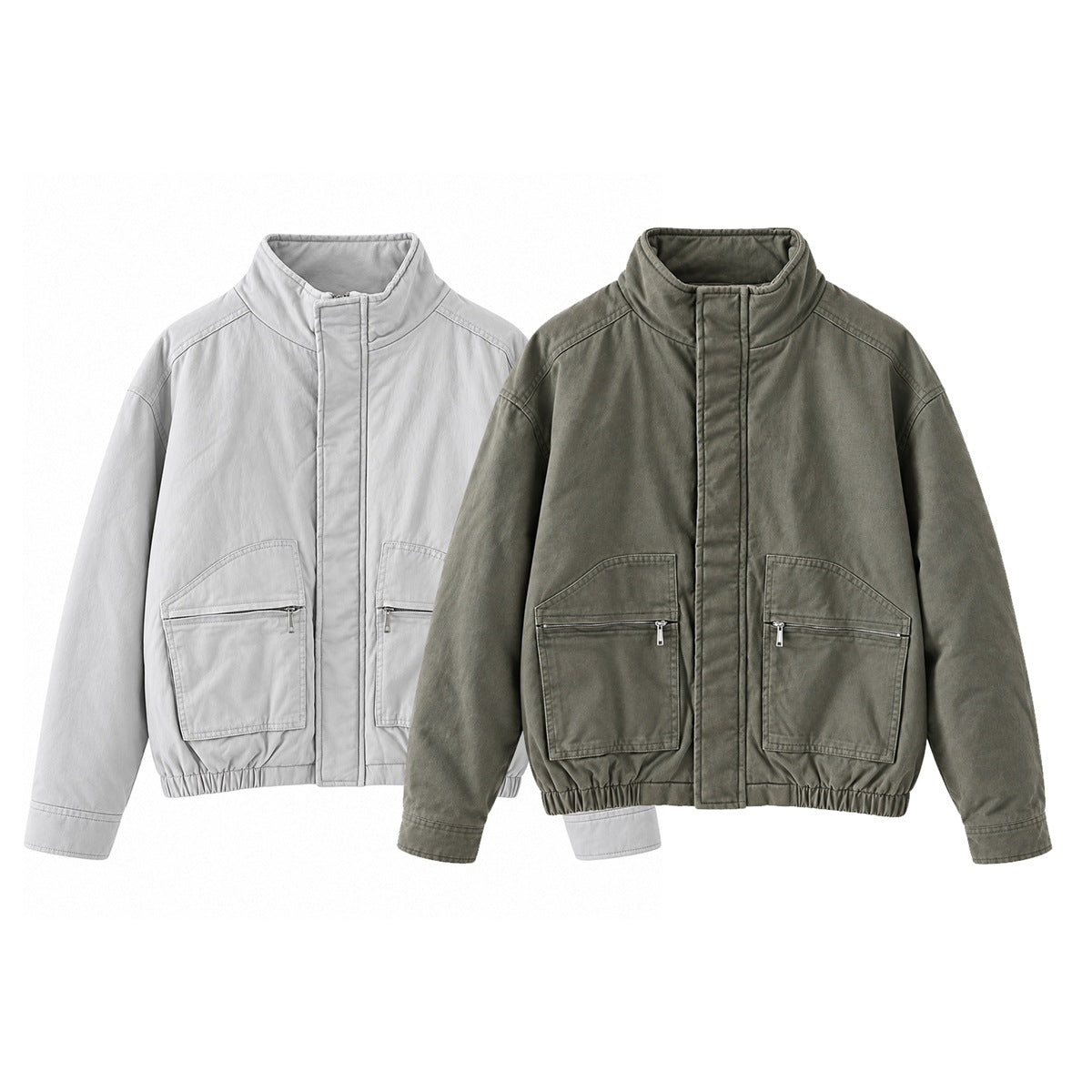Two front-view zip jackets with stand collars and large zip pockets, in light gray and olive gray.