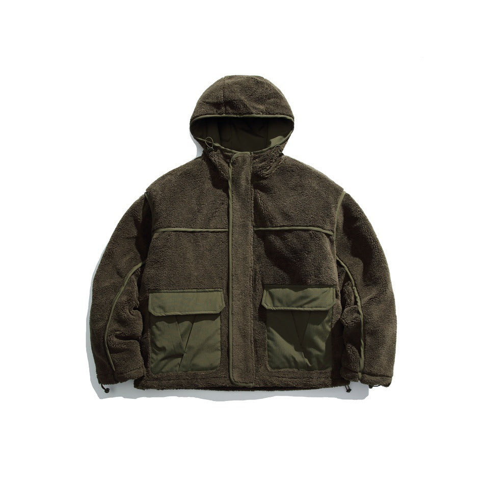 Army green hooded fleece-textured jacket with contrast flap pockets, piping and drawcord cuffs, flat front view