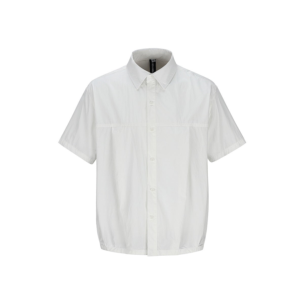 Off-white short-sleeve button-up shirt with pointed collar, chest yoke seam and center pleat, flat front view