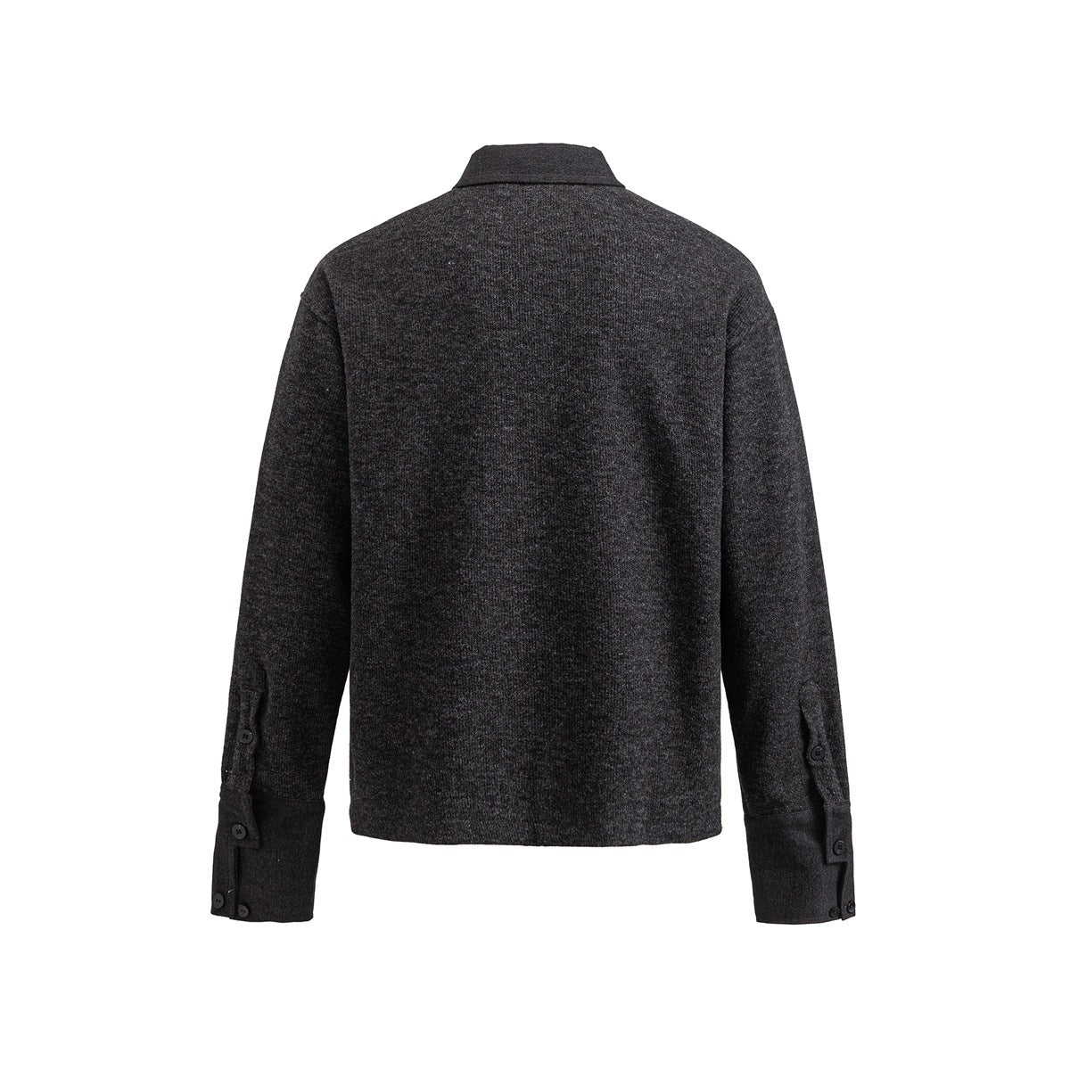 Back view of a charcoal gray long-sleeve collared shirt with buttoned cuffs.