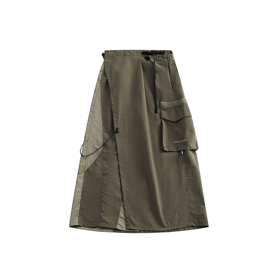 Olive wrap skirt with a black waist strap, side cargo pocket, and adjustable cord on a white background.