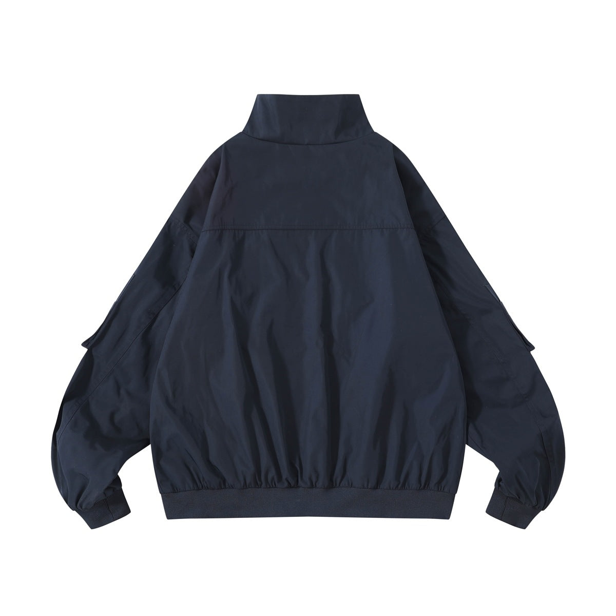 Back view of a dark navy jacket with a stand collar, long sleeves, and ribbed cuffs and hem.