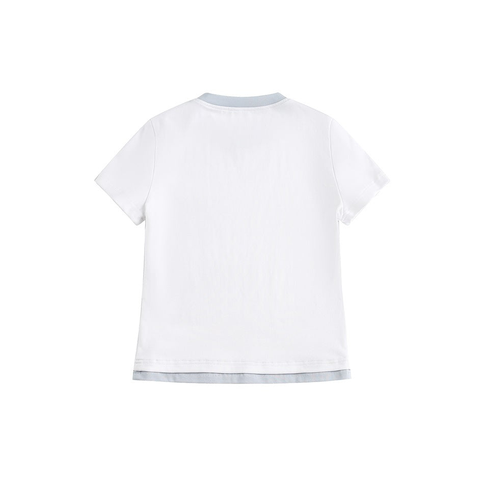 Back view of a white short-sleeve T-shirt with pale blue-gray trim at the collar and hem.