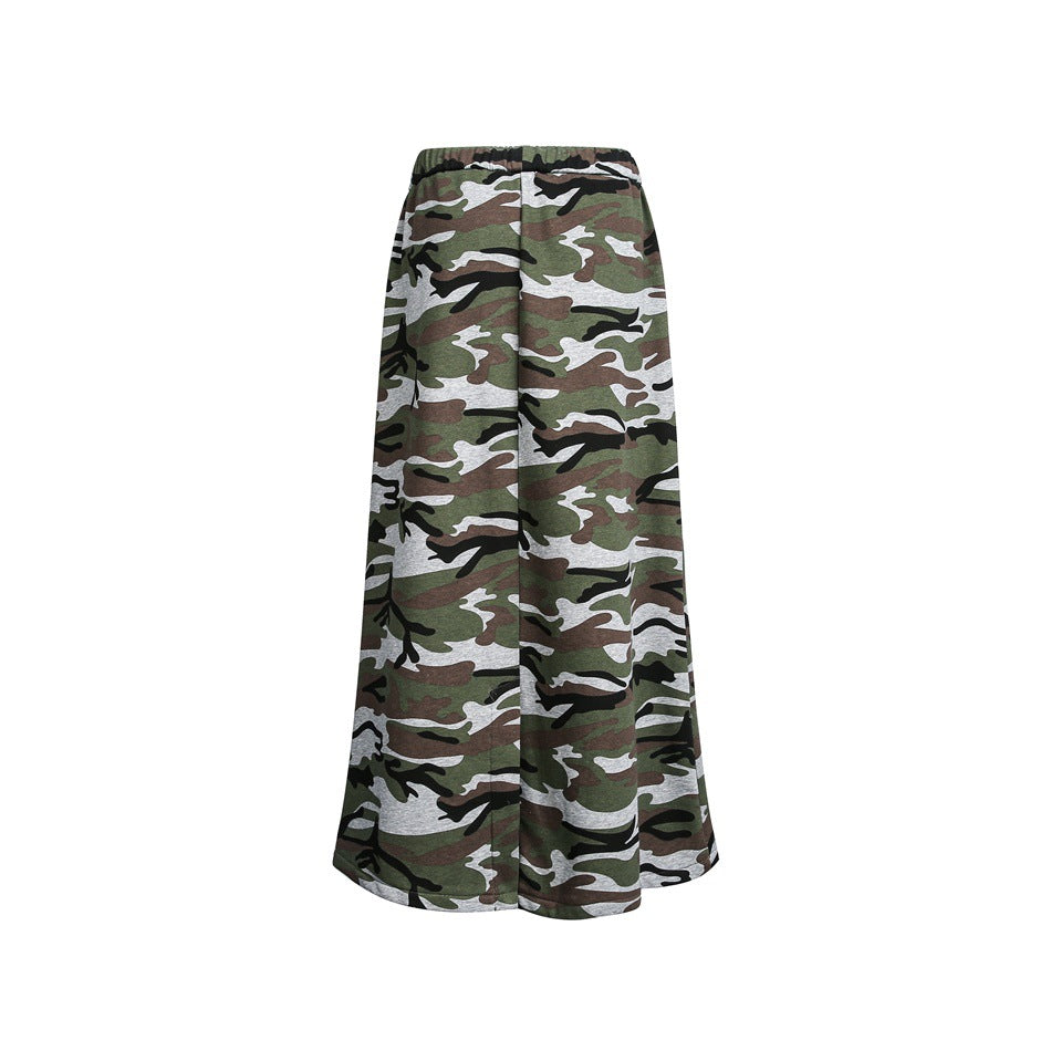 Front view of wide-leg camouflage pants with an elastic waistband, in green, brown, black, and gray.