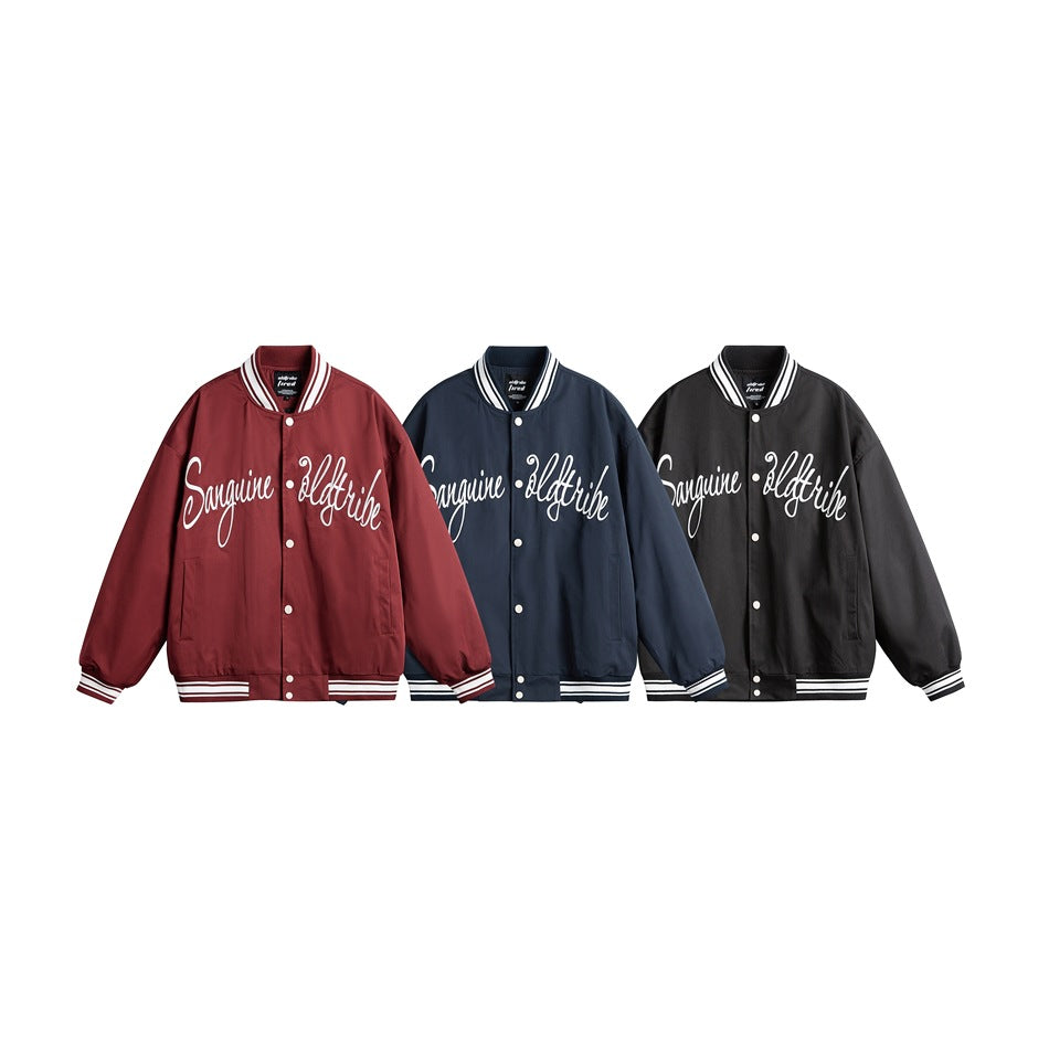 Three button-front varsity jackets in burgundy, navy, and black, each with white cursive chest lettering.