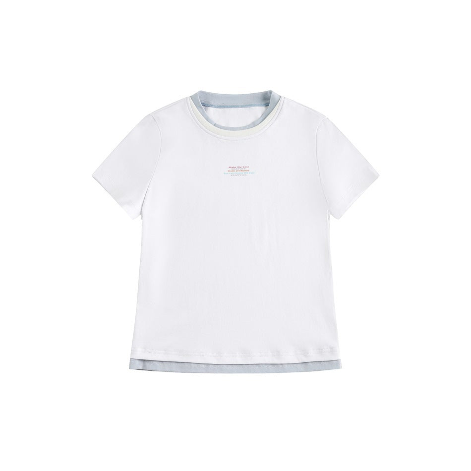 White short-sleeve crew-neck T-shirt with light blue and cream layered collar and light blue hem, flat front view
