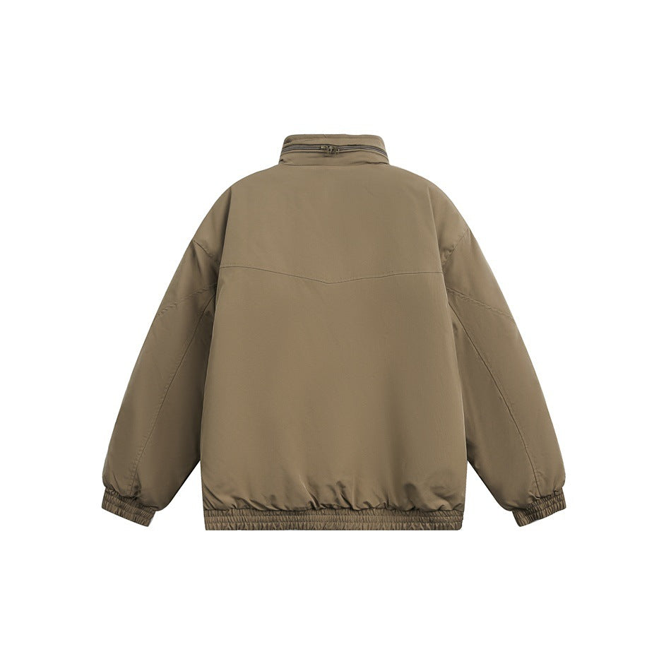 Back view of a taupe jacket with a high collar, long sleeves, and elasticated cuffs and hem.