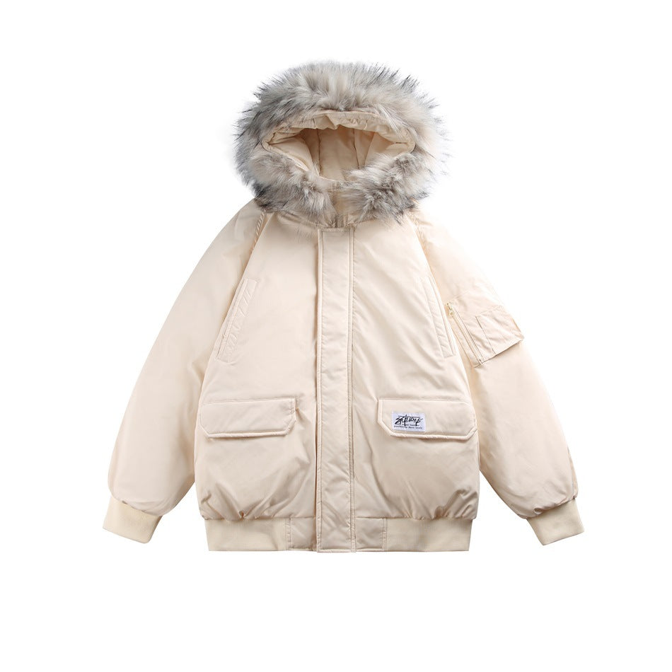 Apricot cream hooded bomber jacket with fur-look hood trim, flap pockets, sleeve zip pocket and ribbed hem, flat front