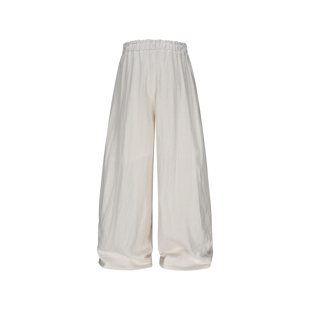 Ivory wide-leg trousers shown from the back with a gathered waistband and full-length legs.