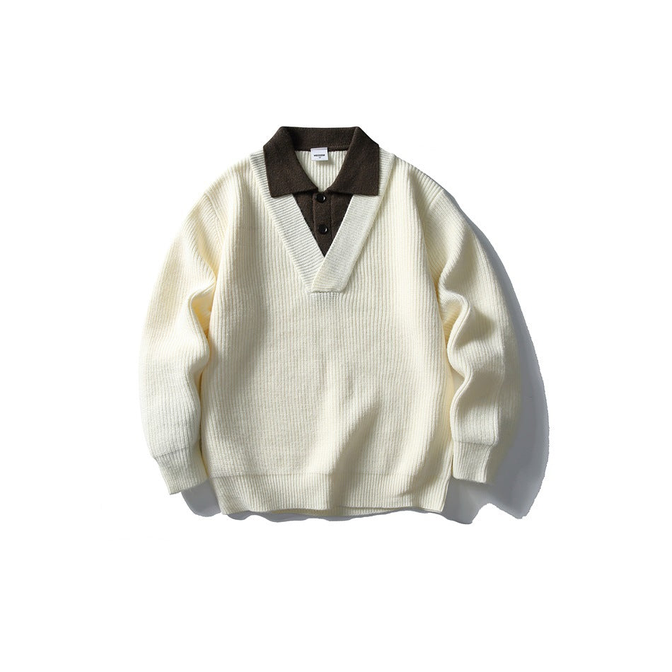 Cream ribbed-knit V-neck sweater with brown polo-style collar and two buttons, flat lay front view