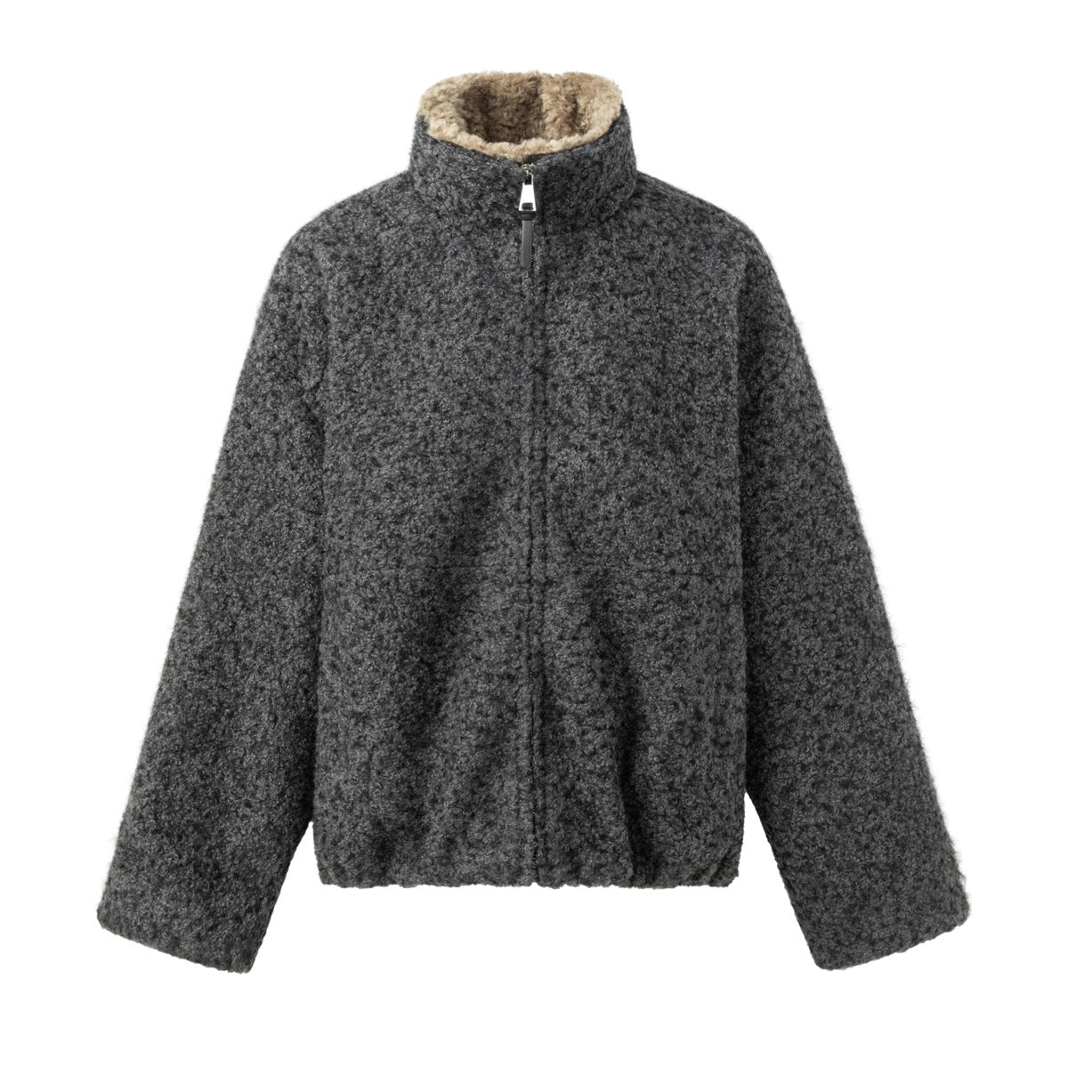Dark charcoal-gray textured zip-up jacket with tan pile-lined stand collar, flat lay front view