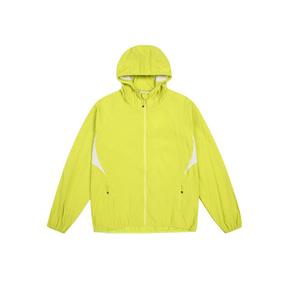 Chartreuse yellow hooded zip jacket with off-white side panels and zippered pockets, flat front view