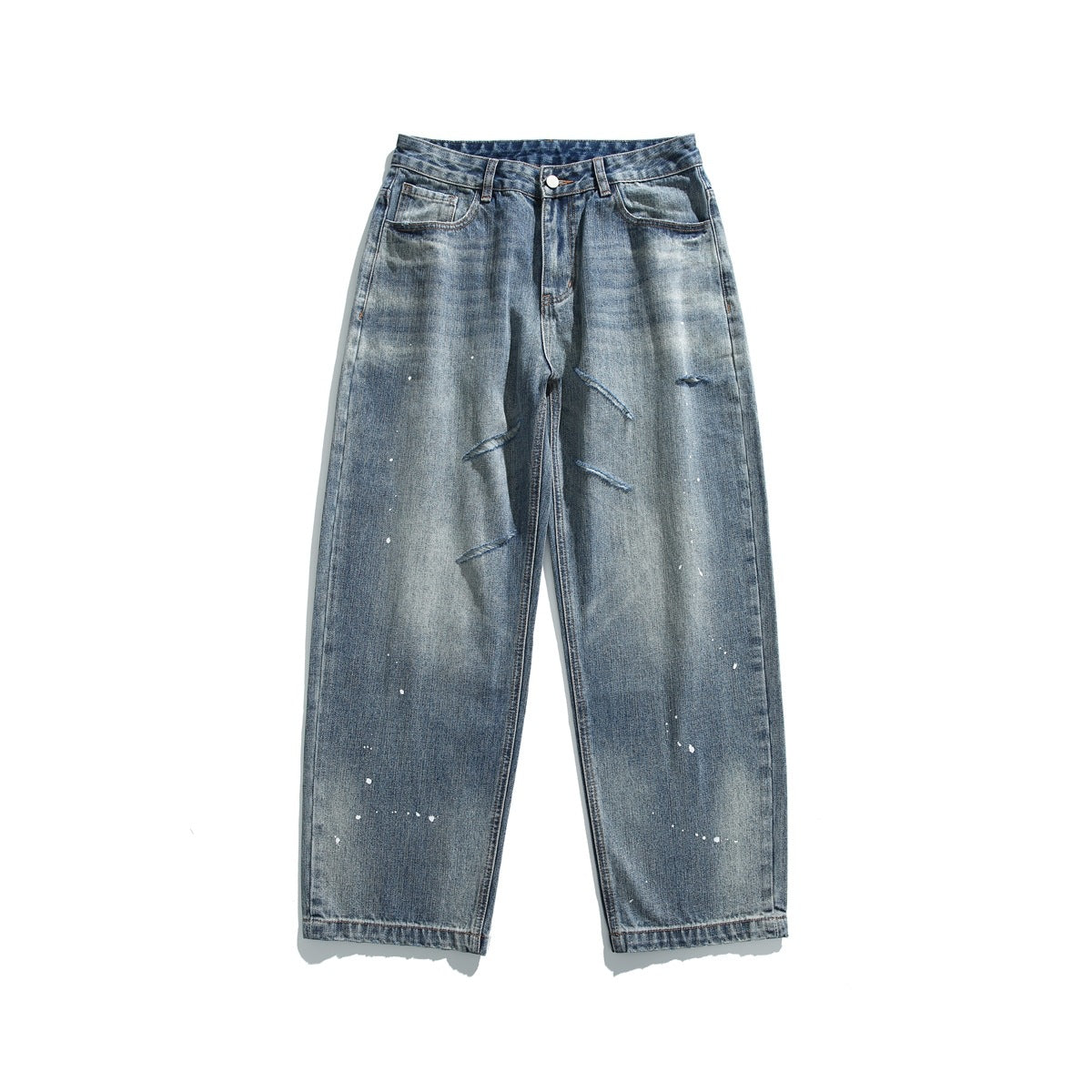 Blue washed wide-leg jeans with paint splatters and slash distressing, flat lay front view