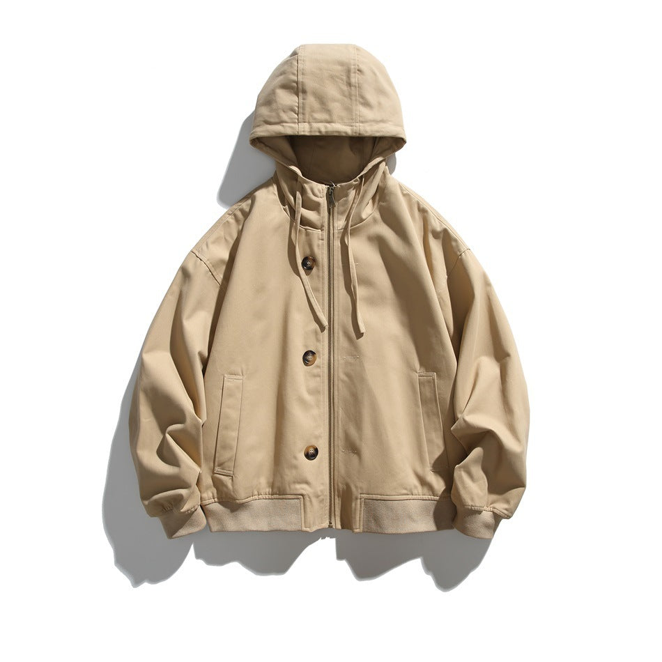 Khaki hooded zip-front jacket flat lay with button placket, drawstrings, front pockets and ribbed cuffs and hem