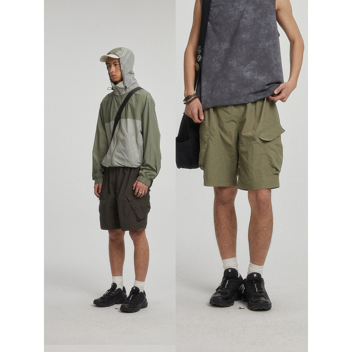 Two views of men wearing cargo shorts: one in a sage-and-gray hooded jacket, the other in a charcoal tank and olive shorts.
