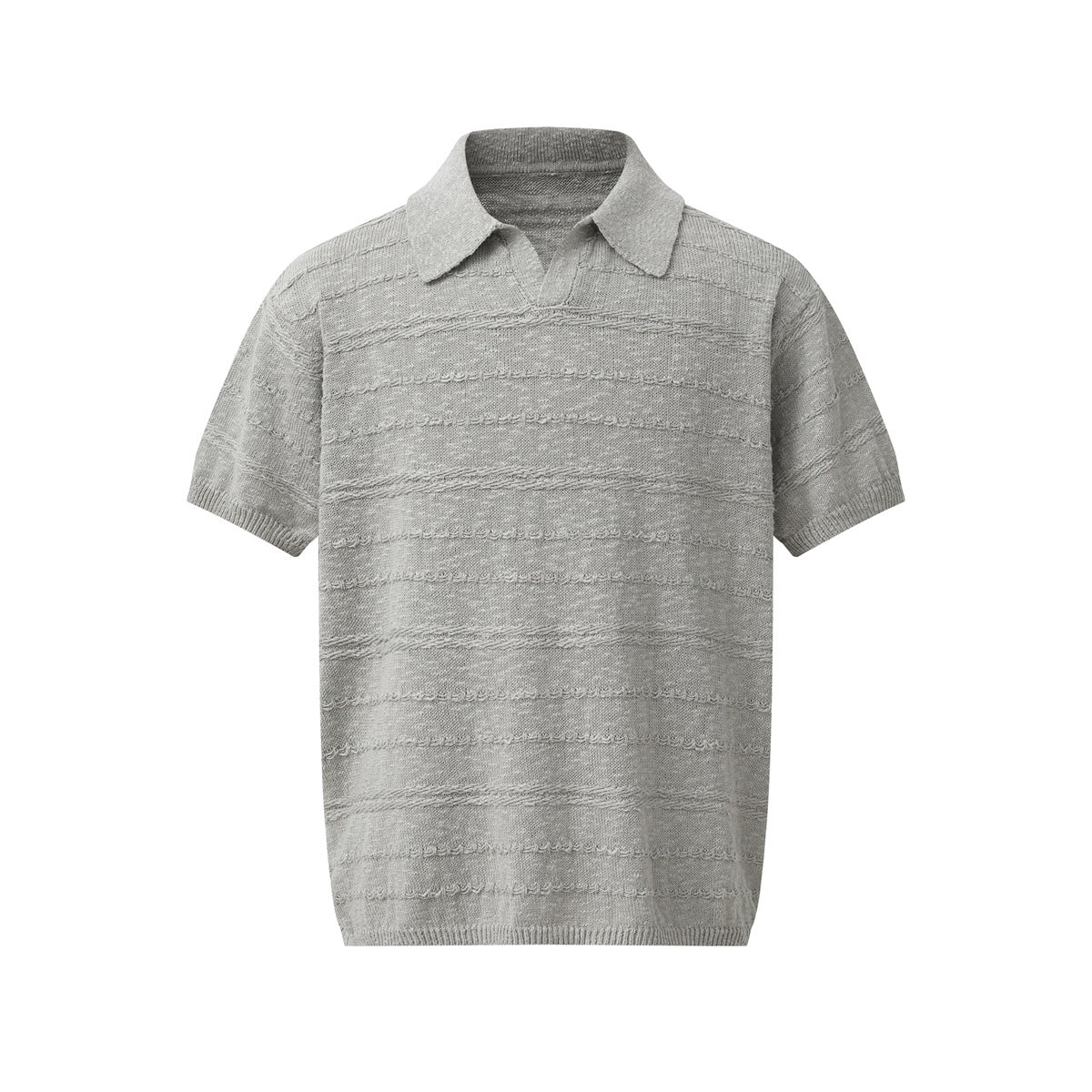 Gray short-sleeve knit polo with open V collar and textured horizontal stripes, front flat view