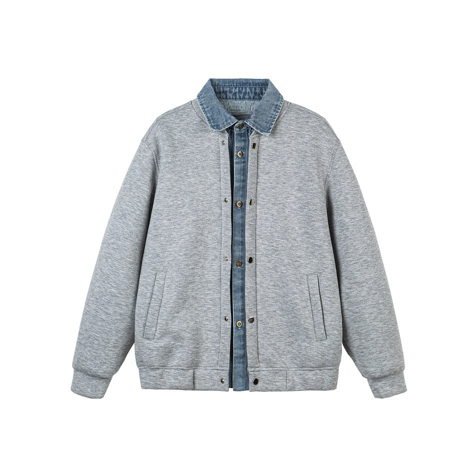 Gray heathered snap-front jacket with denim-look collar and layered placket, flat front view