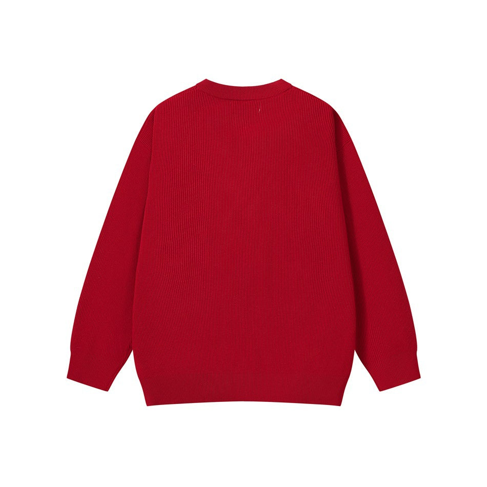 Back view of a red ribbed sweater with long sleeves, crew neck, and ribbed hem and cuffs.