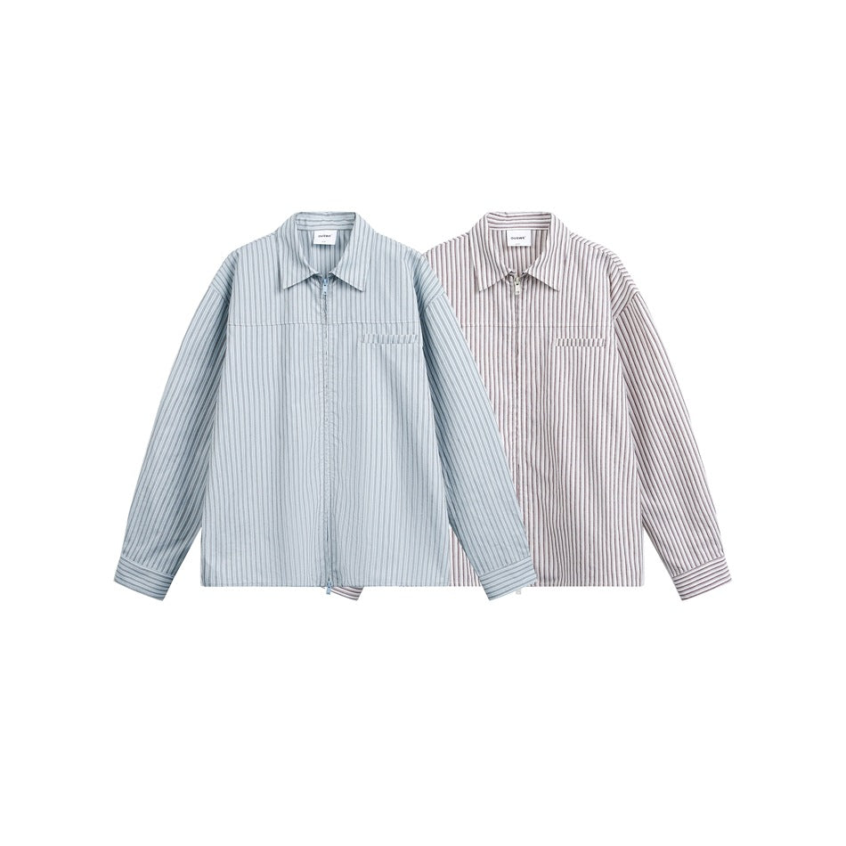 Two long-sleeve pinstriped zip-front shirts shown flat: one pale blue-gray and one red-and-white.