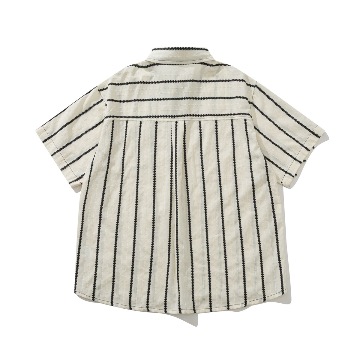 Back view of a cream short-sleeve button-up shirt with vertical black braided stripes and horizontal stripes across the yoke.
