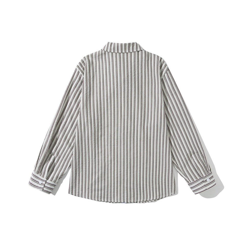 Back view of khaki striped long-sleeve shirt laid flat with collar and buttoned cuffs