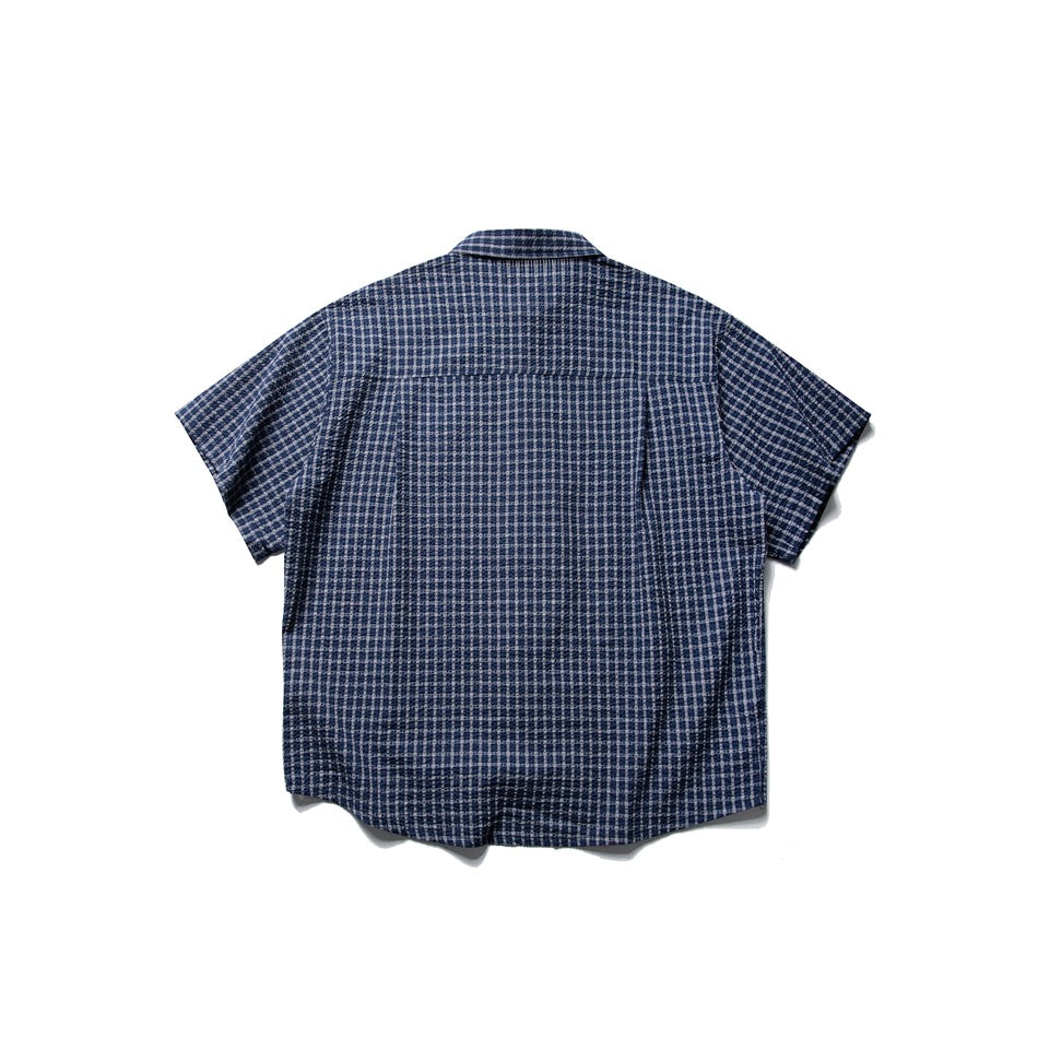 Navy blue check short-sleeve shirt, flat lay back view with yoke seam and center pleat