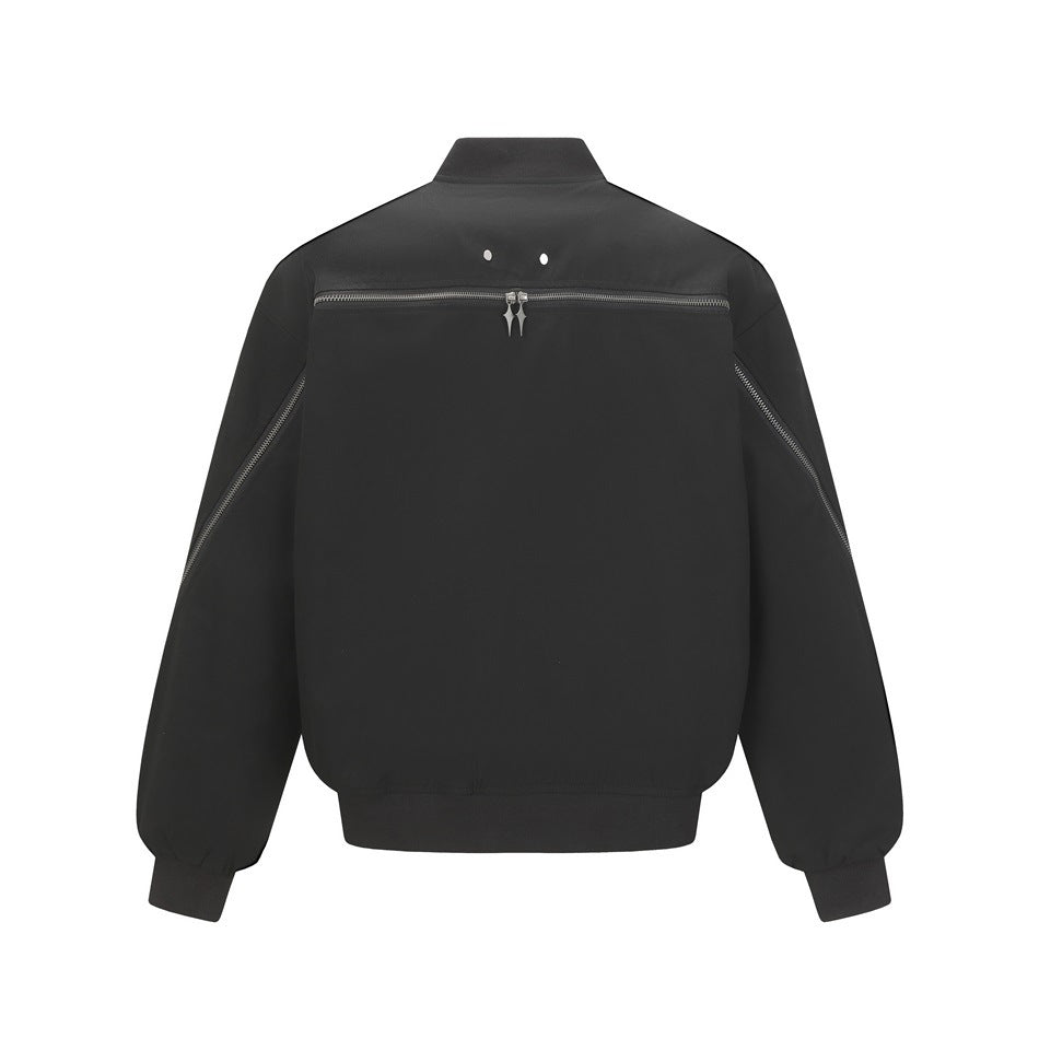 Black jacket shown from the back, with a horizontal zipper, zippered sleeves, ribbed cuffs and hem.