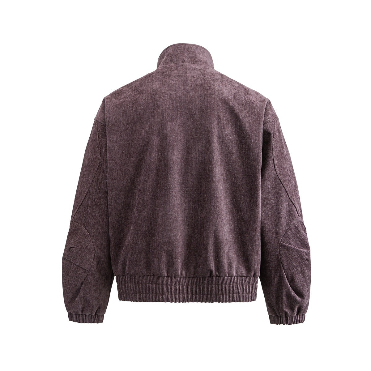 Back view of a mauve-brown jacket with a stand collar, long sleeves, and gathered hem and cuffs.