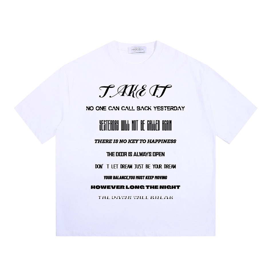 White short-sleeve crew-neck T-shirt with black 'TAKE IT' slogan typography print on the front, flat lay