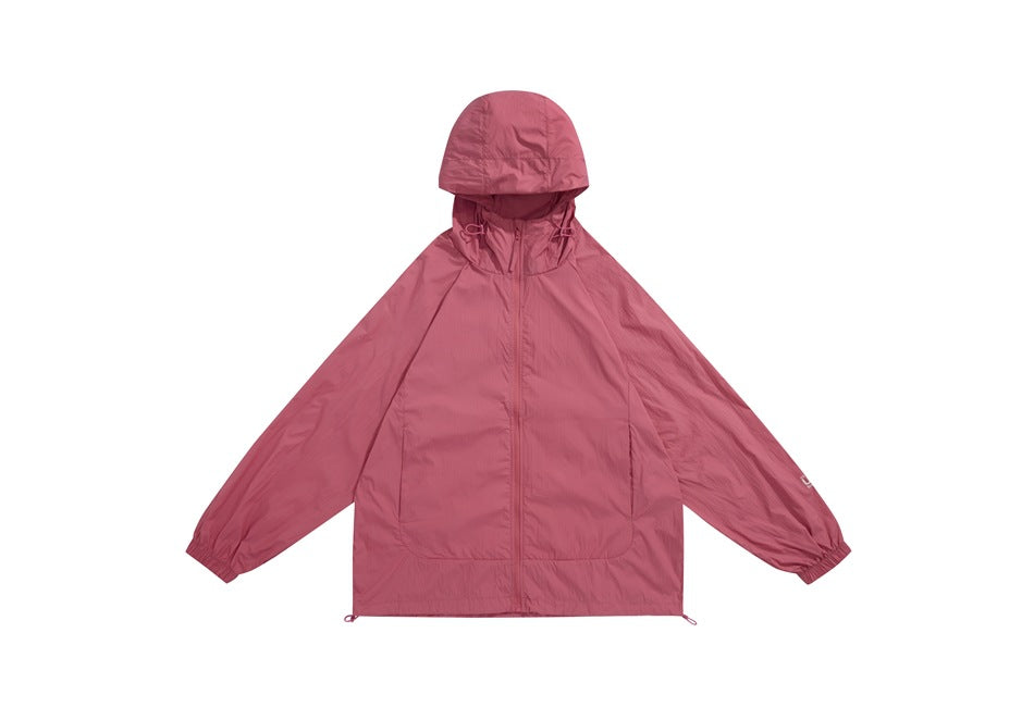 Rose-pink hooded jacket shown from the front, with a center zipper, elastic cuffs, and adjustable hem.