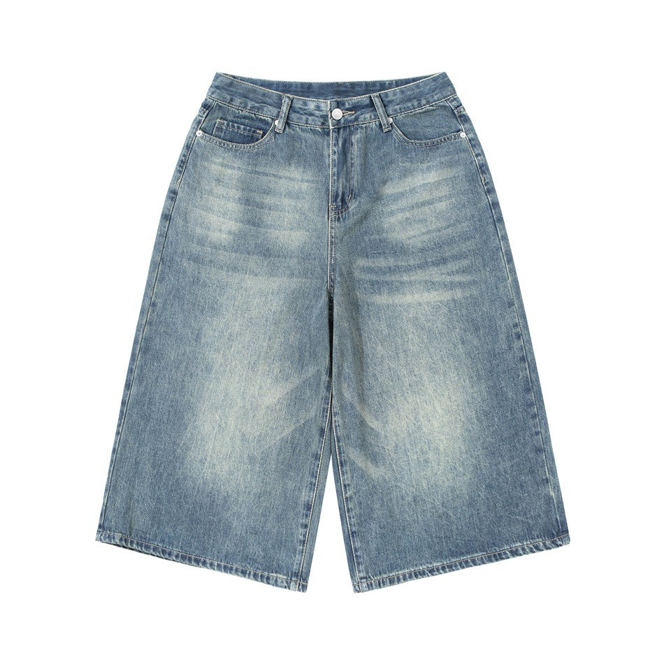 Vintage blue washed wide-leg cropped denim pants, flat front view on white background