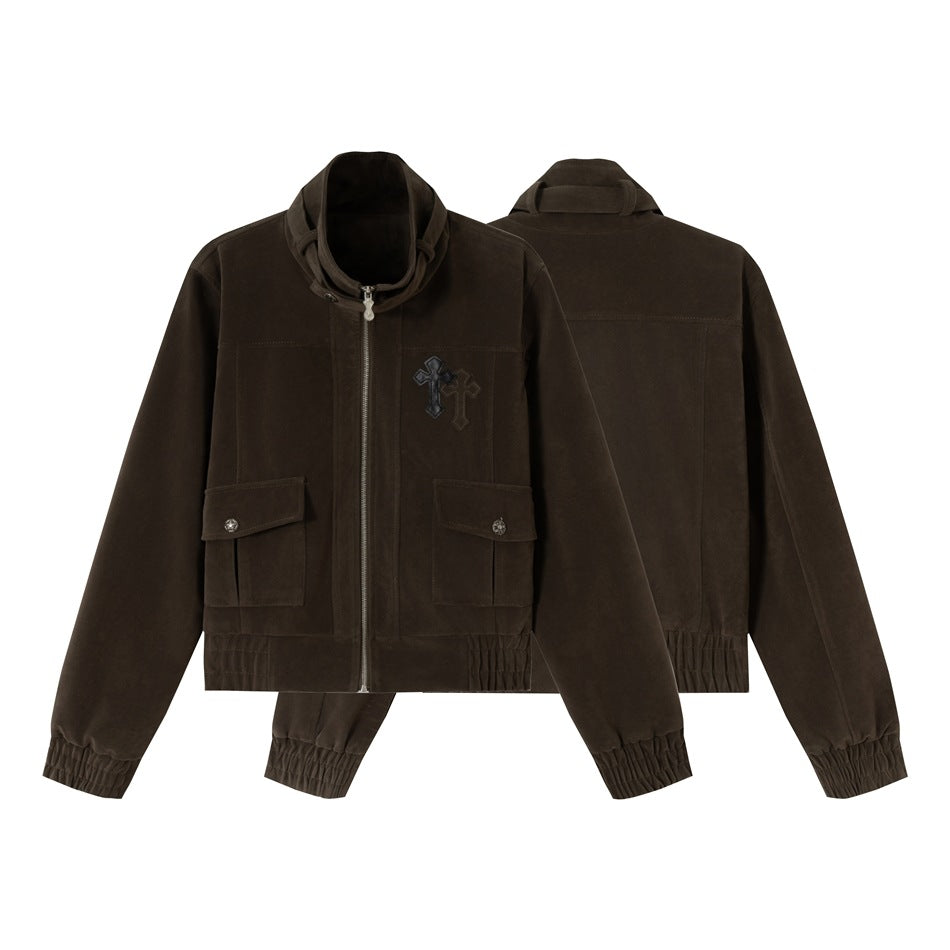 Dark brown zip jacket shown from the front and back, with a raised collar, flap pockets, and gathered cuffs.