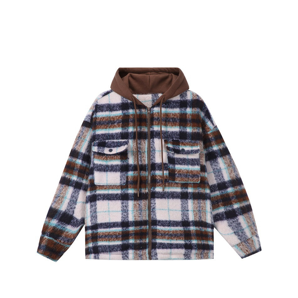 Blue and white plaid zip-up hooded jacket with brown hood, drawstrings and two chest flap pockets, flat front view